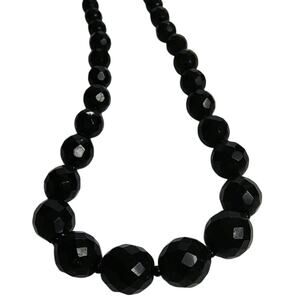 Black Beveled Glass Beaded Vintage Single Strand Necklace Spring Clasp Closurep